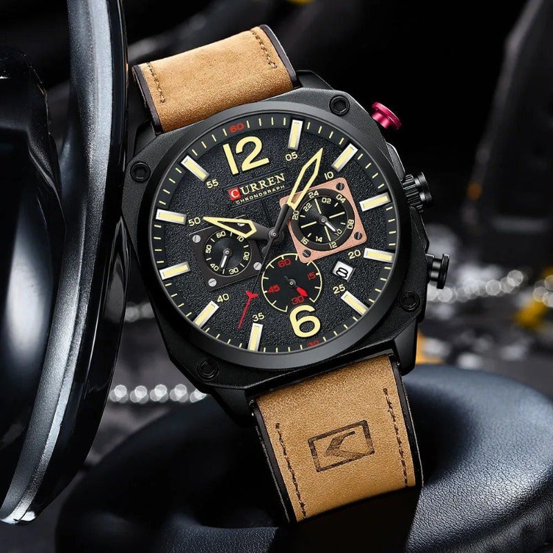 Business Leather Watch with Quartz Movement and Waterproof Case