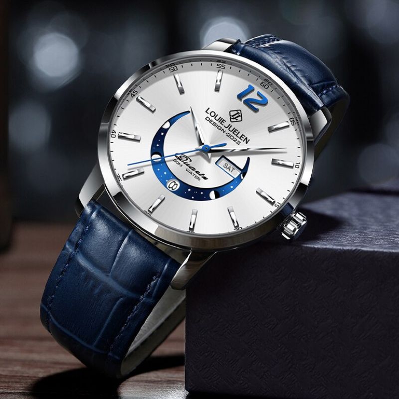 Elegant Moon Phase Watch with Illuminated Week Calendar